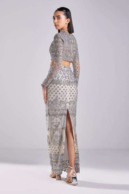 Shop Diyarajvvir Grey Satin, Lycra, Tulle Sequins, Beads Floral Embroidered Blouse With Skirt at Aza Fashions Shop_Diyarajvvir_Grey Satin, Lycra, Tulle Sequins, Beads Floral Embroidered Blouse With Skirt _at_Aza_Fashions