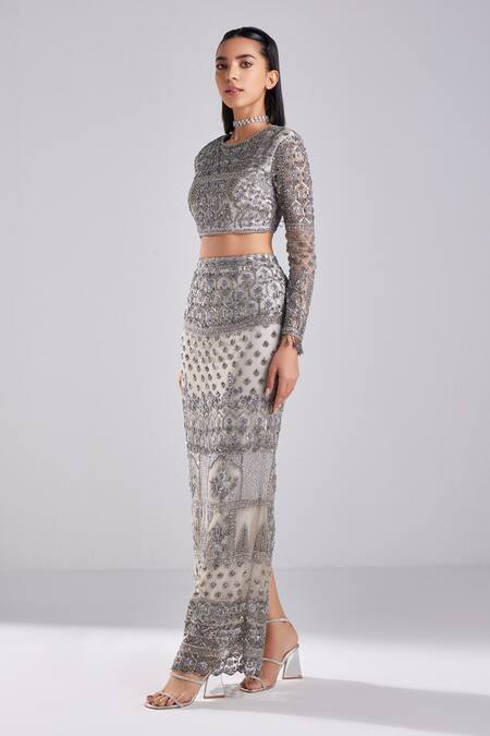 Diyarajvvir Grey Satin, Lycra, Tulle Sequins, Beads Floral Embroidered Blouse With Skirt Online at Aza Fashions Diyarajvvir_Grey Satin, Lycra, Tulle Sequins, Beads Floral Embroidered Blouse With Skirt _Online_at_Aza_Fashions