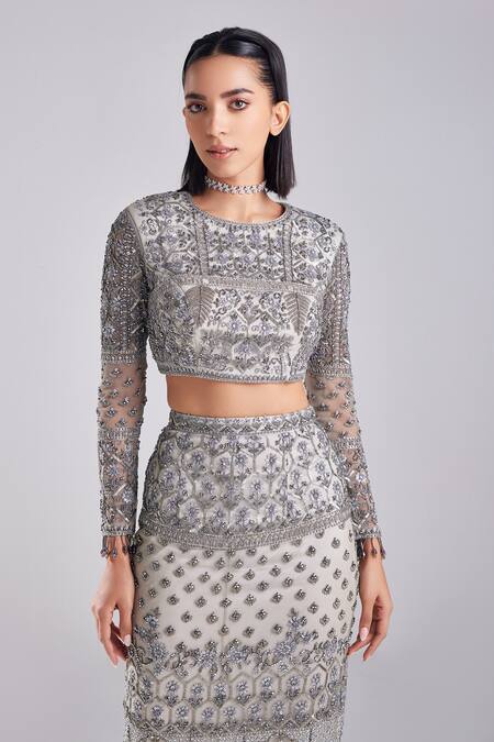Buy Diyarajvvir Grey Satin, Lycra, Tulle Sequins, Beads Floral Embroidered Blouse With Skirt Online at Aza Fashions Buy_Diyarajvvir_Grey Satin, Lycra, Tulle Sequins, Beads Floral Embroidered Blouse With Skirt _Online_at_Aza_Fashions