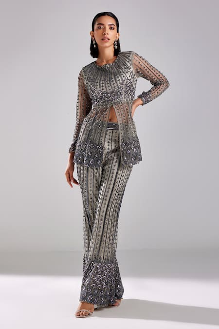 DiyaRajvvir Grey Satin Lycra Embroidery Sequins Round Neck Peplum Tunic With Pant 