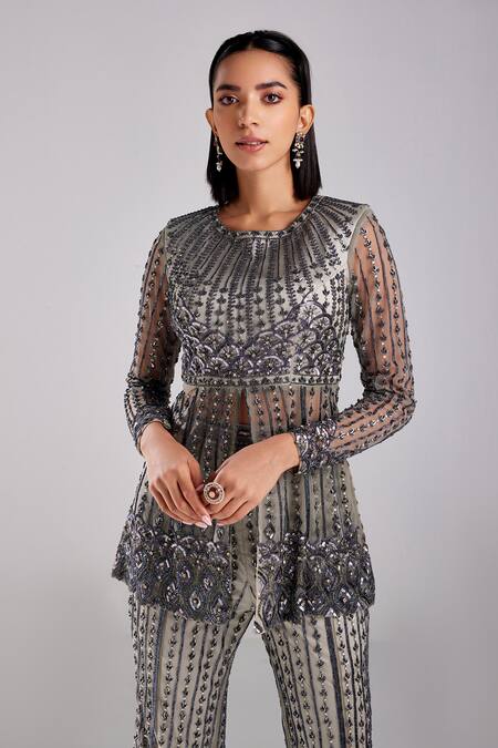 Diyarajvvir_Grey Satin, Lycra, Tulle Sequins, Beads Round Embroidered Peplum Tunic With Pant _Online_at_Aza_Fashions
