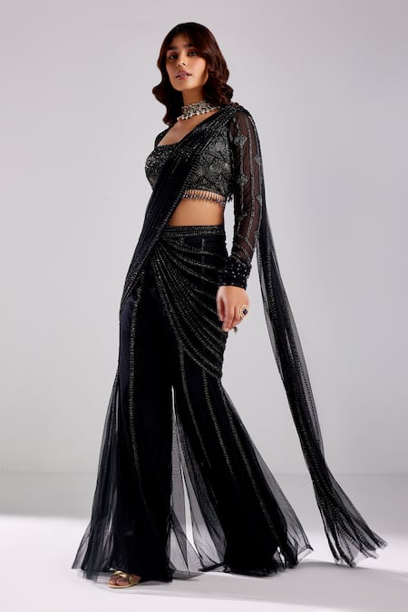 Diyarajvvir Black Satin, Tulle, Lycra Sequins, Pre-draped Pant Saree With Cutdana Blouse Online at Aza Fashions Diyarajvvir_Black Satin, Tulle, Lycra Sequins, Pre-draped Pant Saree With Cutdana Blouse _Online_at_Aza_Fashions