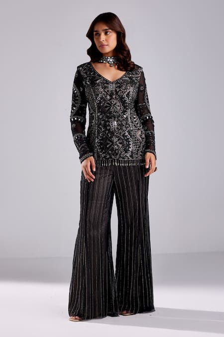 DiyaRajvvir Black Satin Lycra Embroidery Sequins V Spiral Jacket Tunic With Pant 