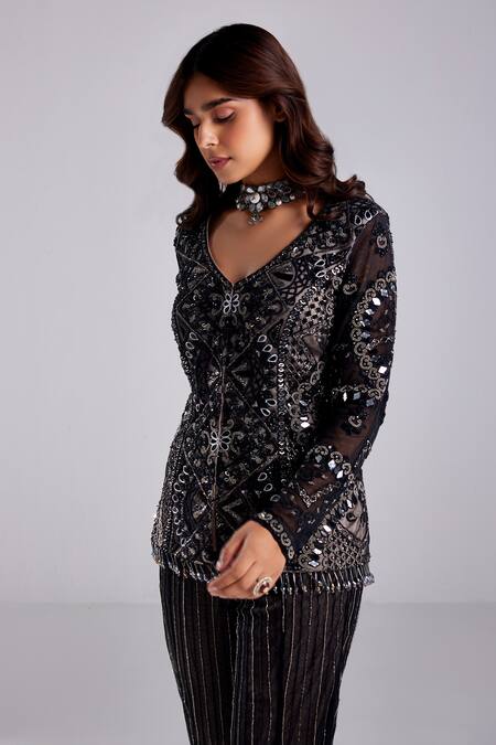 Buy Diyarajvvir Black Satin, Lycra, Tulle Sequins, Spiral Embroidered Jacket Tunic With Pant Online at Aza Fashions Buy_Diyarajvvir_Black Satin, Lycra, Tulle Sequins, Spiral Embroidered Jacket Tunic With Pant _Online_at_Aza_Fashions