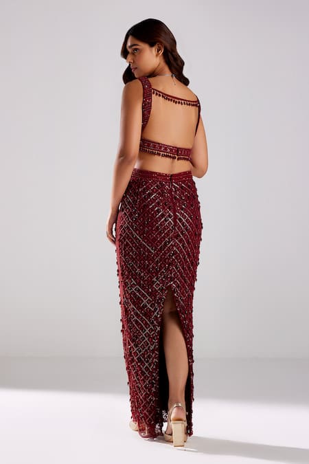 Shop Diyarajvvir Red Satin, Lycra, Tulle Cut Work, Sequins, Embellished Blouse With Pencil Skirt at Aza Fashions Shop_Diyarajvvir_Red Satin, Lycra, Tulle Cut Work, Sequins, Embellished Blouse With Pencil Skirt _at_Aza_Fashions