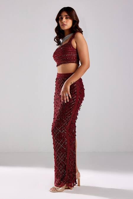 Diyarajvvir Red Satin, Lycra, Tulle Cut Work, Sequins, Embellished Blouse With Pencil Skirt Online at Aza Fashions Diyarajvvir_Red Satin, Lycra, Tulle Cut Work, Sequins, Embellished Blouse With Pencil Skirt _Online_at_Aza_Fashions