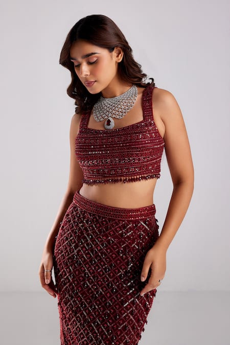 Buy Diyarajvvir Red Satin, Lycra, Tulle Cut Work, Sequins, Embellished Blouse With Pencil Skirt Online at Aza Fashions Buy_Diyarajvvir_Red Satin, Lycra, Tulle Cut Work, Sequins, Embellished Blouse With Pencil Skirt _Online_at_Aza_Fashions