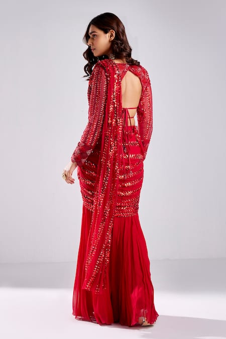 Shop Diyarajvvir Red Georgette, Tulle Sequins, Pre-draped Embellished Pant Saree With Blouse at Aza Fashions Shop_Diyarajvvir_Red Georgette, Tulle Sequins, Pre-draped Embellished Pant Saree With Blouse _at_Aza_Fashions