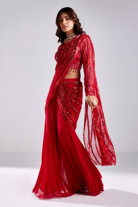 Diyarajvvir Red Georgette, Tulle Sequins, Pre-draped Embellished Pant Saree With Blouse Online at Aza Fashions Diyarajvvir_Red Georgette, Tulle Sequins, Pre-draped Embellished Pant Saree With Blouse _Online_at_Aza_Fashions