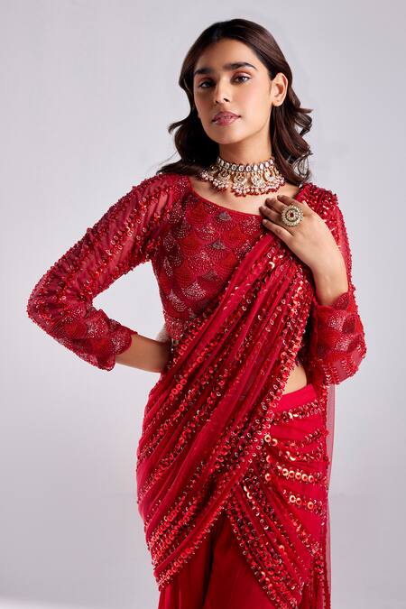 Buy Diyarajvvir Red Georgette, Tulle Sequins, Pre-draped Embellished Pant Saree With Blouse Online at Aza Fashions Buy_Diyarajvvir_Red Georgette, Tulle Sequins, Pre-draped Embellished Pant Saree With Blouse _Online_at_Aza_Fashions