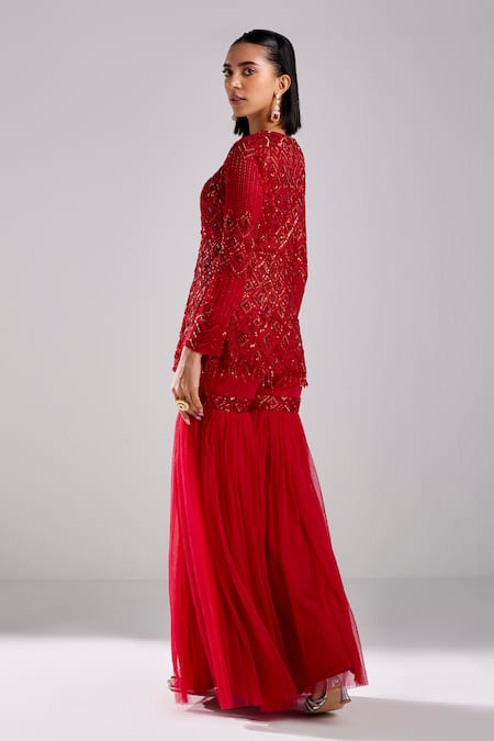 Shop Diyarajvvir Red Satin, Lycra, Tulle, Silk Embellished Peplum Kurta With Gharara Pant at Aza Fashions Shop_Diyarajvvir_Red Satin, Lycra, Tulle, Silk Embellished Peplum Kurta With Gharara Pant _at_Aza_Fashions