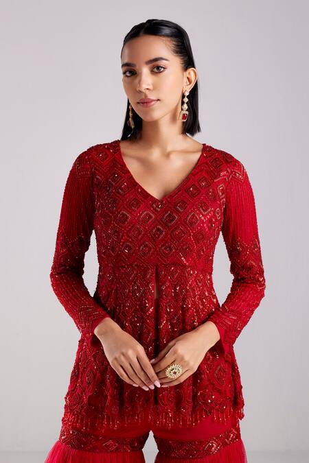 Buy Diyarajvvir Red Satin, Lycra, Tulle, Silk Embellished Peplum Kurta With Gharara Pant Online at Aza Fashions Buy_Diyarajvvir_Red Satin, Lycra, Tulle, Silk Embellished Peplum Kurta With Gharara Pant _Online_at_Aza_Fashions