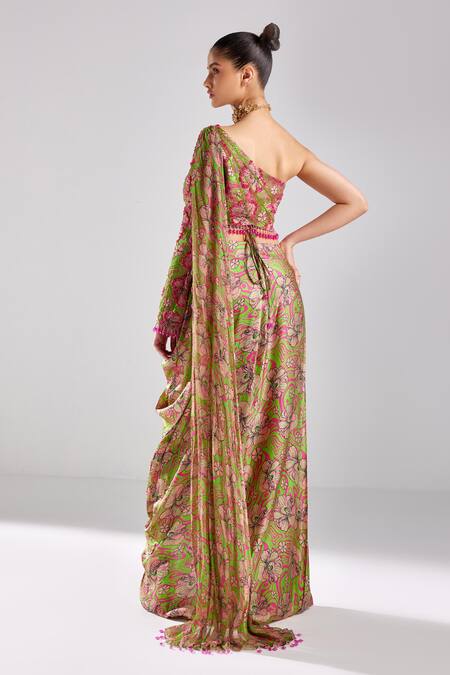 Shop Diyarajvvir Green Georgette, Modal, Tulle Floral Embroidered Crop Top With Dhoti Skirt at Aza Fashions Shop_Diyarajvvir_Green Georgette, Modal, Tulle Floral Embroidered Crop Top With Dhoti Skirt _at_Aza_Fashions