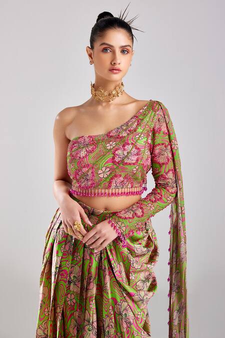 Diyarajvvir Green Georgette, Modal, Tulle Floral Embroidered Crop Top With Dhoti Skirt Online at Aza Fashions Diyarajvvir_Green Georgette, Modal, Tulle Floral Embroidered Crop Top With Dhoti Skirt _Online_at_Aza_Fashions