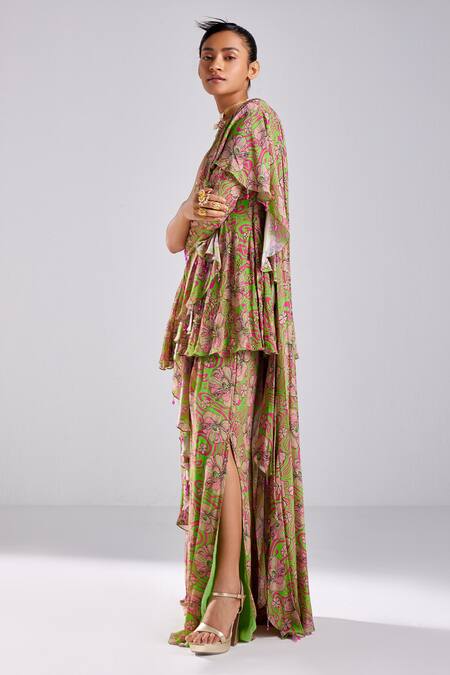 Diyarajvvir Green Crepe, Tulle, Silk Pre-draped Abstract Print Pant Saree With Blouse Online at Aza Fashions Diyarajvvir_Green Crepe, Tulle, Silk Pre-draped Abstract Print Pant Saree With Blouse _Online_at_Aza_Fashions