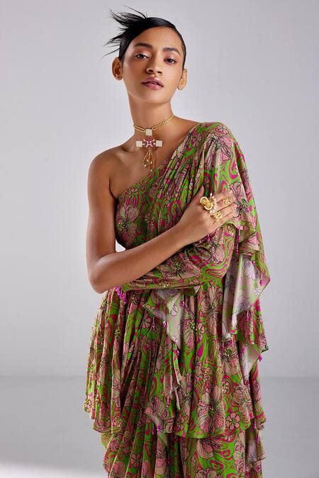 Buy Diyarajvvir Green Crepe, Tulle, Silk Pre-draped Abstract Print Pant Saree With Blouse Online at Aza Fashions Buy_Diyarajvvir_Green Crepe, Tulle, Silk Pre-draped Abstract Print Pant Saree With Blouse _Online_at_Aza_Fashions