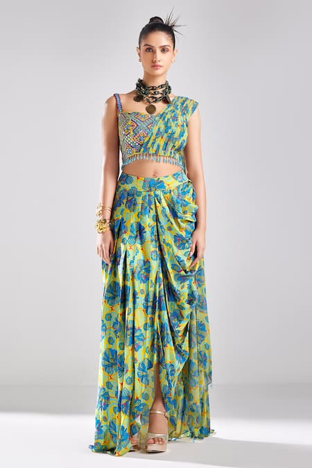 DiyaRajvvir Blue Shantoon Print Sequins Geometric Work Draped Top With Dhoti Skirt