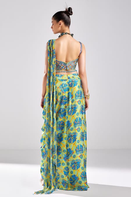 Shop Diyarajvvir Blue Silk, Georgette, Modal, Cotton Geometric Work Draped Top With Dhoti Skirt at Aza Fashions Shop_Diyarajvvir_Blue Silk, Georgette, Modal, Cotton Geometric Work Draped Top With Dhoti Skirt _at_Aza_Fashions