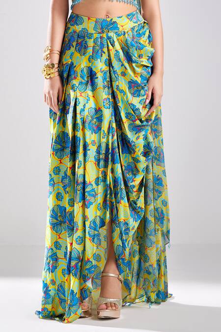 Diyarajvvir Blue Silk, Georgette, Modal, Cotton Geometric Work Draped Top With Dhoti Skirt Online at Aza Fashions Diyarajvvir_Blue Silk, Georgette, Modal, Cotton Geometric Work Draped Top With Dhoti Skirt _Online_at_Aza_Fashions