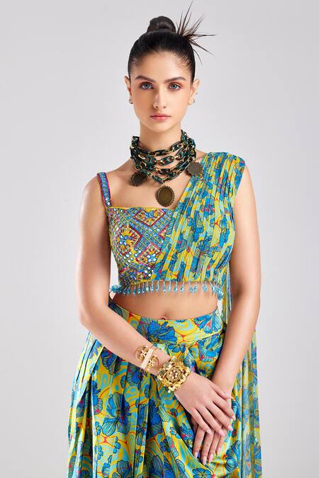 Buy Diyarajvvir Blue Silk, Georgette, Modal, Cotton Geometric Work Draped Top With Dhoti Skirt Online at Aza Fashions Buy_Diyarajvvir_Blue Silk, Georgette, Modal, Cotton Geometric Work Draped Top With Dhoti Skirt _Online_at_Aza_Fashions