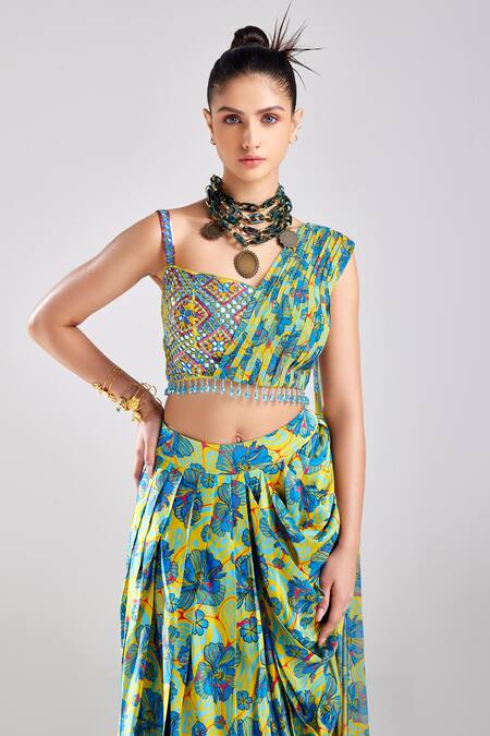 Shop Diyarajvvir Blue Silk, Georgette, Modal, Cotton Geometric Work Draped Top With Dhoti Skirt Online at Aza Fashions Shop_Diyarajvvir_Blue Silk, Georgette, Modal, Cotton Geometric Work Draped Top With Dhoti Skirt _Online_at_Aza_Fashions