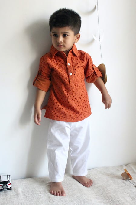 Buy Charkhee Orange Poplin Embroidery Schiffli Kurta Set Buy_Charkhee_Orange Poplin Embroidery Schiffli Kurta Set