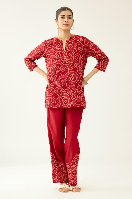 Kora_Red Silk, Cotton Embroidery Split V-neck Jaal Applique Work Top And Pant Set _at_Aza_Fashions