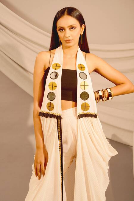Enech_Beige Cotton Sequins, Mirrors Square Neck Embellished Jacket Palazzo Set _Online_at_Aza_Fashions