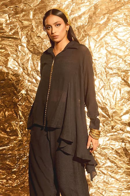Buy_Enech_Black Thin Cotton Embellished Metallic Asymmetric Shirt And Palazzo Set  _Online_at_Aza_Fashions