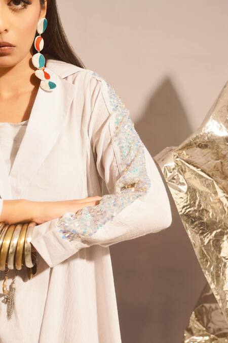 Enech_White Thin Cotton Embellished Unicorn Sequins Work Shirt And Palazzo Set  _Online_at_Aza_Fashions
