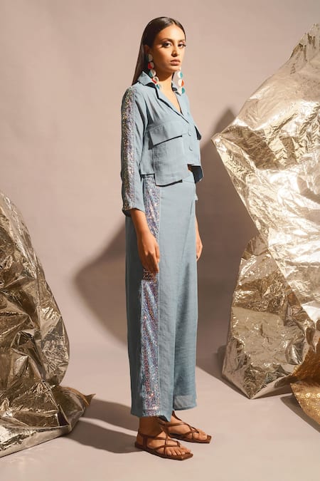Enech_Blue Cotton Sequins Collared Cropped Shirt And Palazzo Set _Online_at_Aza_Fashions
