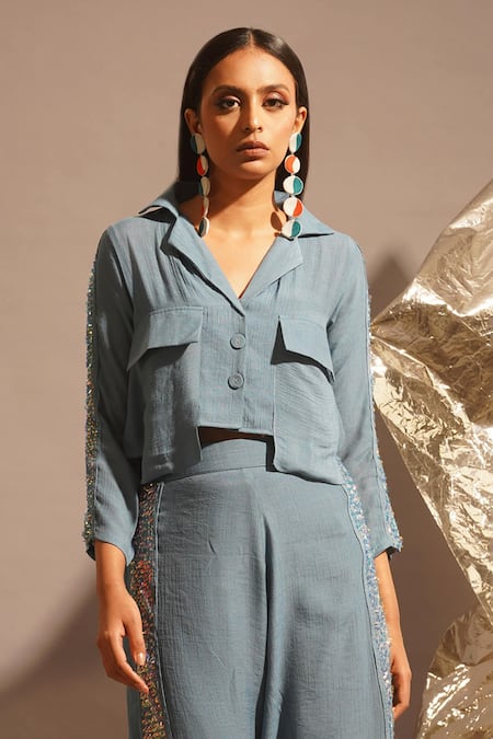 Buy_Enech_Blue Cotton Sequins Collared Cropped Shirt And Palazzo Set _Online_at_Aza_Fashions