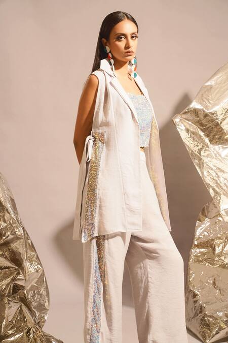 Buy_Enech_White Cotton Sequins Square Neck Side Embellished Blazer Palazzo Set _Online_at_Aza_Fashions