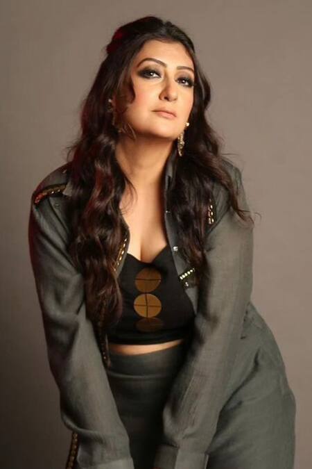 Enech_Grey Cotton Sequins Collared Embellished Cropped Jacket And Palazzo Set _Online_at_Aza_Fashions