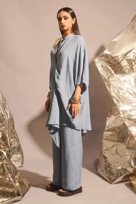 Buy_Enech_Blue Cotton Chains, Patchwork Bandeau Neck Kaftan And Palazzo Set _Online_at_Aza_Fashions