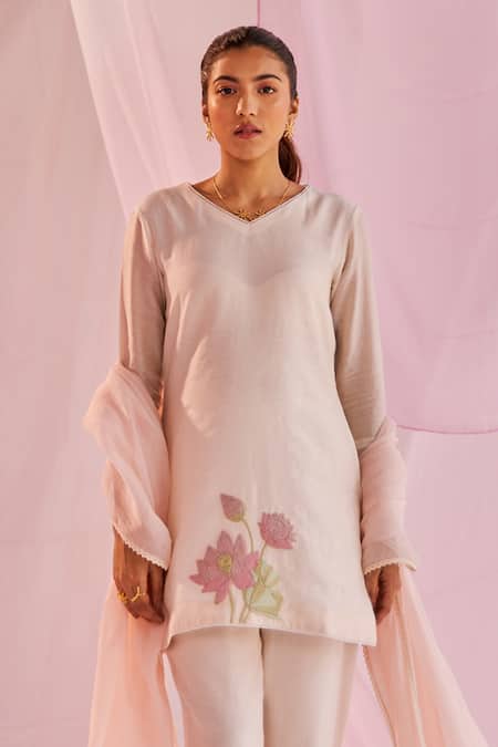 Keosha_Ivory Silk, Chanderi Embroidery V-neck Enya Kurta Pant Set _Online_at_Aza_Fashions