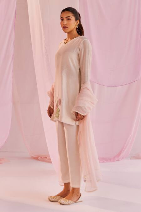Buy_Keosha_Ivory Silk, Chanderi Embroidery V-neck Enya Kurta Pant Set _Online_at_Aza_Fashions