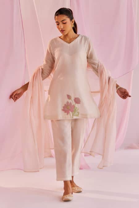 Shop_Keosha_Ivory Silk, Chanderi Embroidery V-neck Enya Kurta Pant Set _Online_at_Aza_Fashions