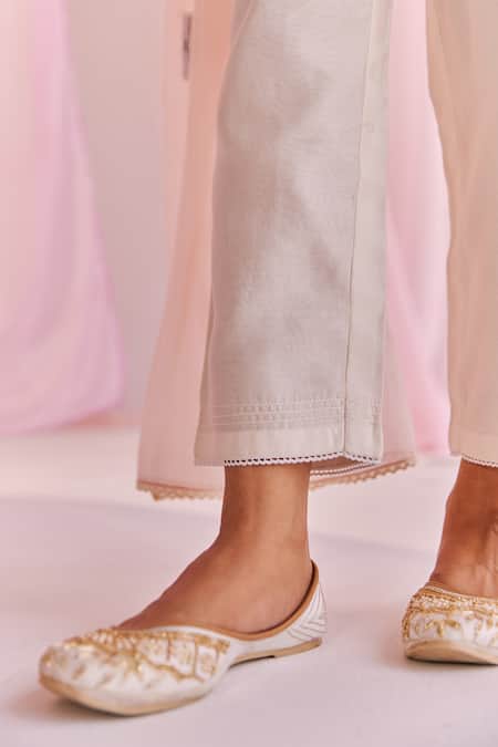 Keosha_Ivory Silk, Chanderi Embroidery V-neck Enya Kurta Pant Set _at_Aza_Fashions