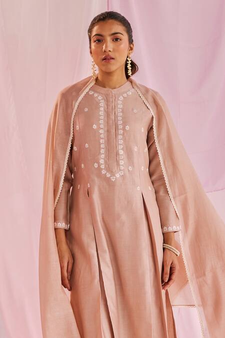 Keosha_Brown Silk, Chanderi, Linen Embroidery Round Neck Sage Resham Kurta Pant Set _Online_at_Aza_Fashions