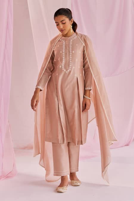 Buy_Keosha_Brown Silk, Chanderi, Linen Embroidery Round Neck Sage Resham Kurta Pant Set _Online_at_Aza_Fashions
