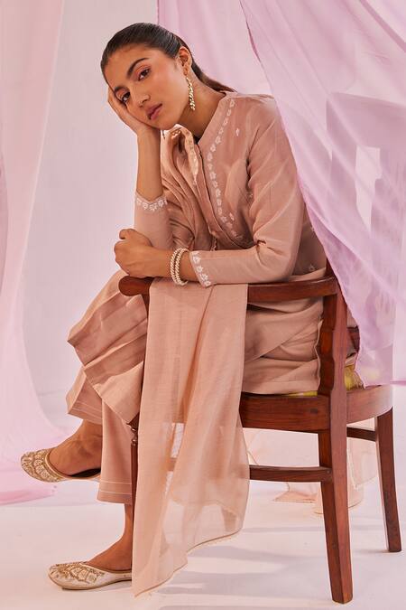 Shop_Keosha_Brown Silk, Chanderi, Linen Embroidery Round Neck Sage Resham Kurta Pant Set _Online_at_Aza_Fashions