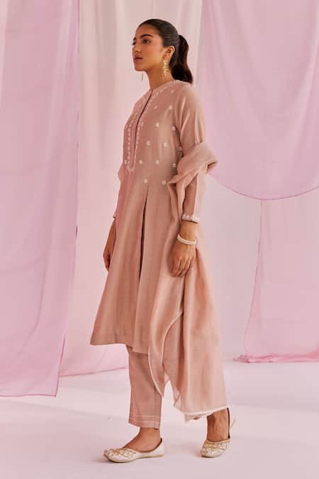 Buy_Keosha_Brown Silk, Chanderi, Linen Embroidery Round Neck Sage Resham Kurta Pant Set 