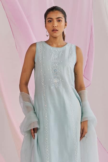 Keosha_Blue , Chanderi, Organza Pearls, Safi Resham And Kurta Pant Set _Online_at_Aza_Fashions