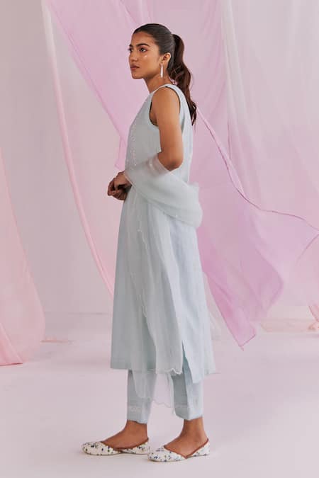 Buy_Keosha_Blue , Chanderi, Organza Pearls, Safi Resham And Kurta Pant Set _Online_at_Aza_Fashions