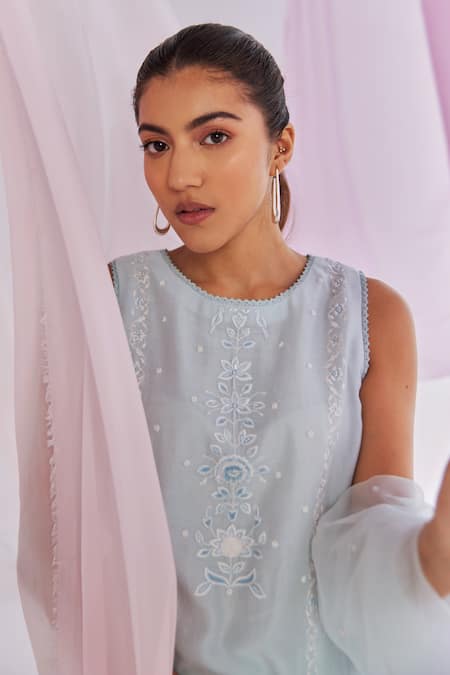 Shop_Keosha_Blue , Chanderi, Organza Pearls, Safi Resham And Kurta Pant Set _Online_at_Aza_Fashions