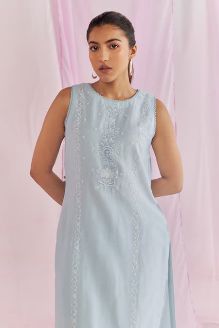 Keosha_Blue , Chanderi, Organza Pearls, Safi Resham And Kurta Pant Set _at_Aza_Fashions