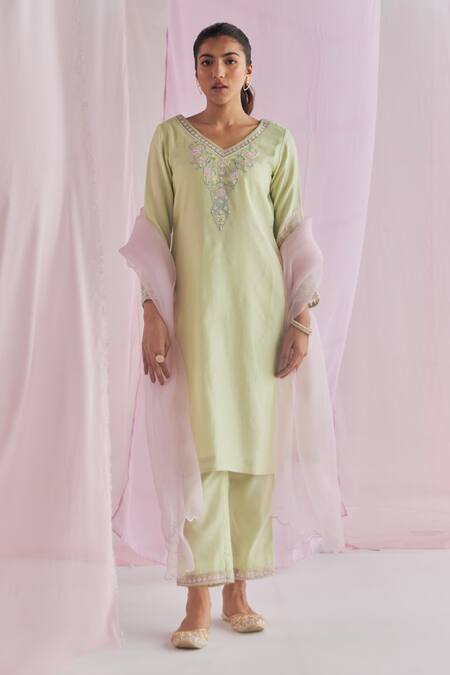 Keosha Green Kurta Silk Chanderi Embroidered Resham V Sadira Pant Set 