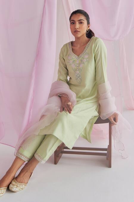 Keosha_Green Organza, Pearls, Sequins, Sadira Resham Kurta Pant Set _Online_at_Aza_Fashions