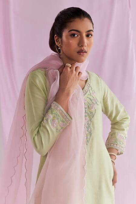 Buy_Keosha_Green Organza, Pearls, Sequins, Sadira Resham Kurta Pant Set _Online_at_Aza_Fashions